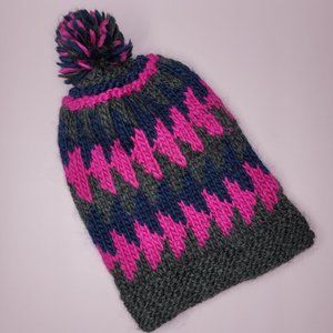Pink and Grey Pom Pom Beanie Hat from Free People, Wool